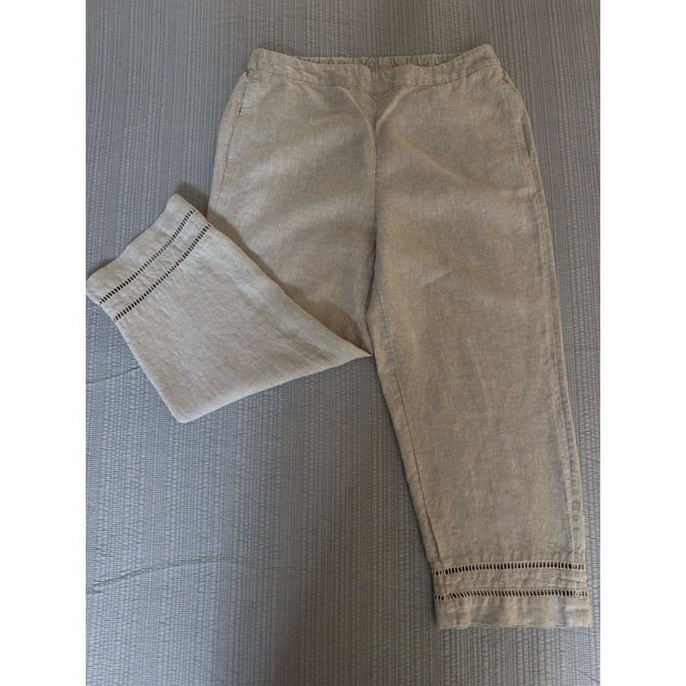 Chico's Linen Cropped Pants Beige Cut-Out‎ Accents Elastic Waist Pockets size 15